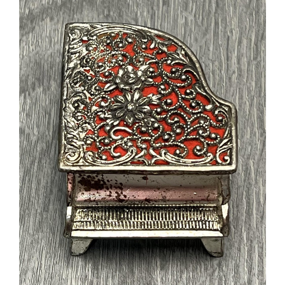 Vintage Japan Silver Tone Piano Trinket Jewelry Box Red Enamel Floral Lid Small